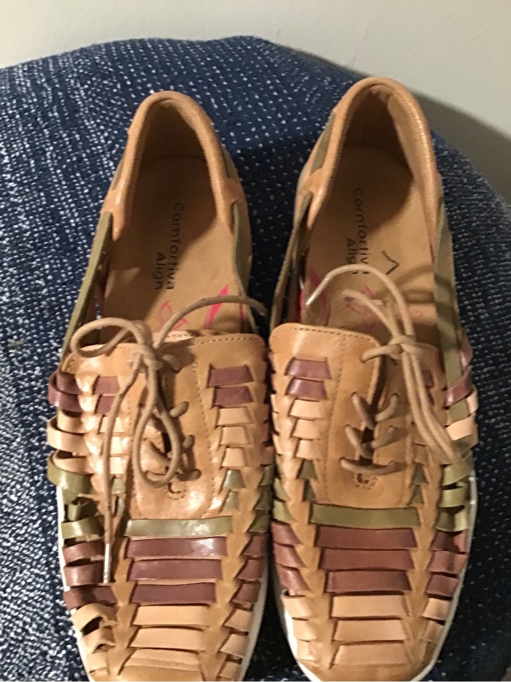 Comfortiva Tan and Brown Woven Leather Lace-Up Flats